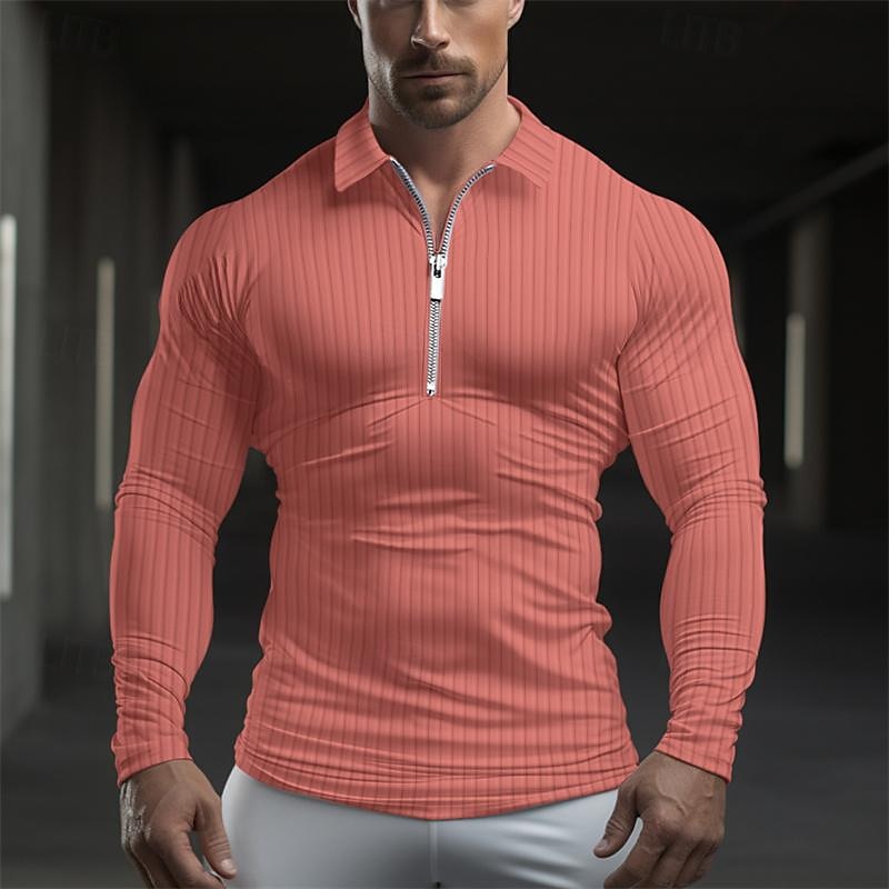 Homme POLO Polo quart de zip Travail Usage quotidien Revers manche longue Mode Confortable Plein Bandes verticales Fermez Printemps & Automne Standard Bleu Ciel Noir Blanche Vert Claire Rose Claire de 2025 ? $17.99 –P9