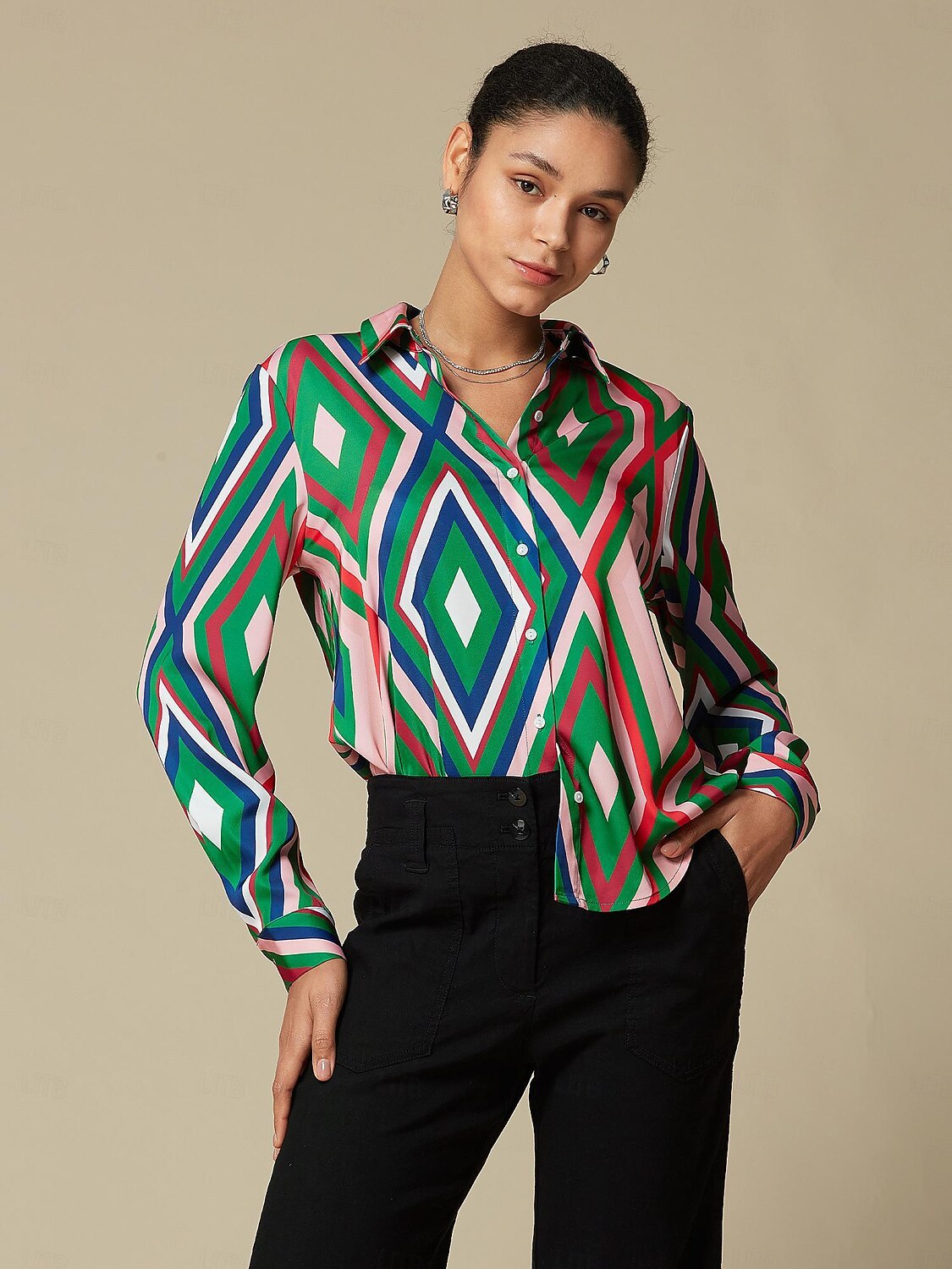 camicia casual con stampa geometrica in raso del 2025 a $5.59 –P9