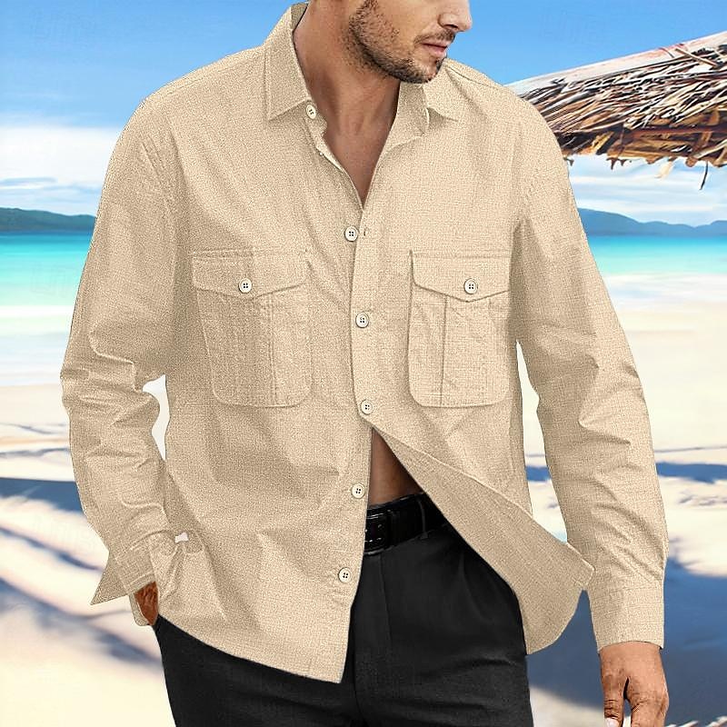 Herren Hemd leinenhemd Sommerhemd Strandbekleidung Knopfhemd Glatt Urlaub Curise Schwarz Marineblau Blau Khaki Langarm Kargen Frühling Sommer Bekleidung Tasche 2025 - $26.99 –P4