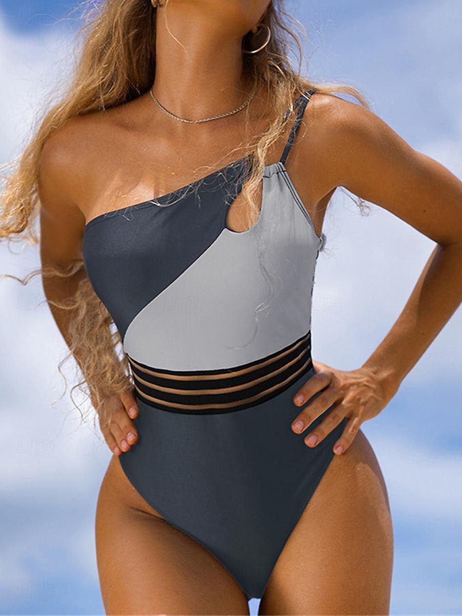 Damen normaler Badeanzug tropisch geometrisch ärmellos V-Bügel offener Rücken Druck Party Urlaub Regular Fit Leopard schwarz weiß Sommer 2025 - $19.99 –P10