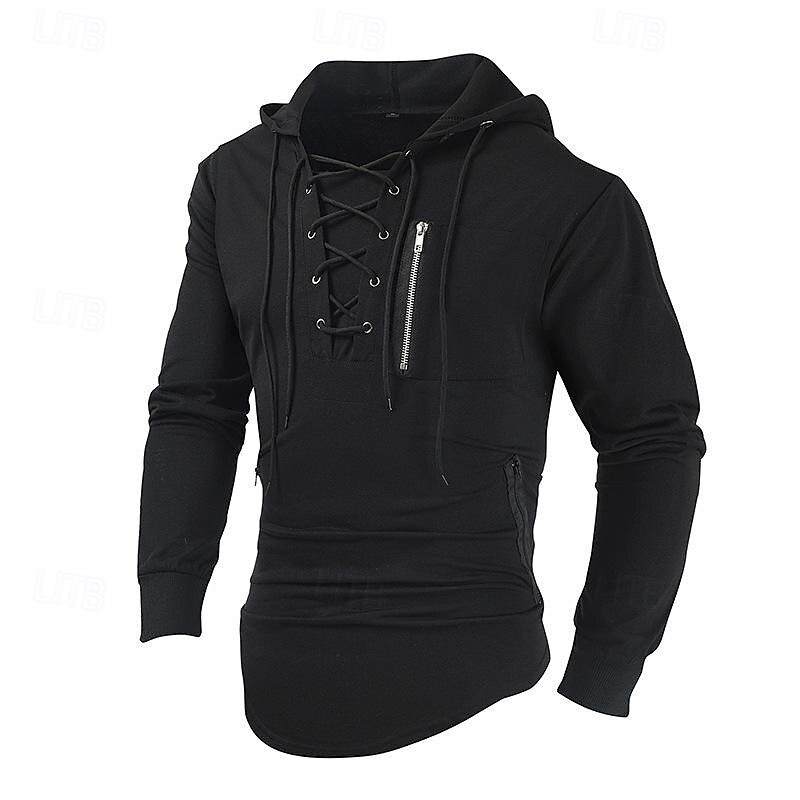 Herren T Shirt T-Shirt Langarmshirt Langarm Mit Kapuze Frühling & Sommer Einfach Mode Designer Basic Schnürung Urlaub Straße Ausgehen Schwarz Braun Grün Top T-Shirt für Herren 2025 - $26.99 –P5