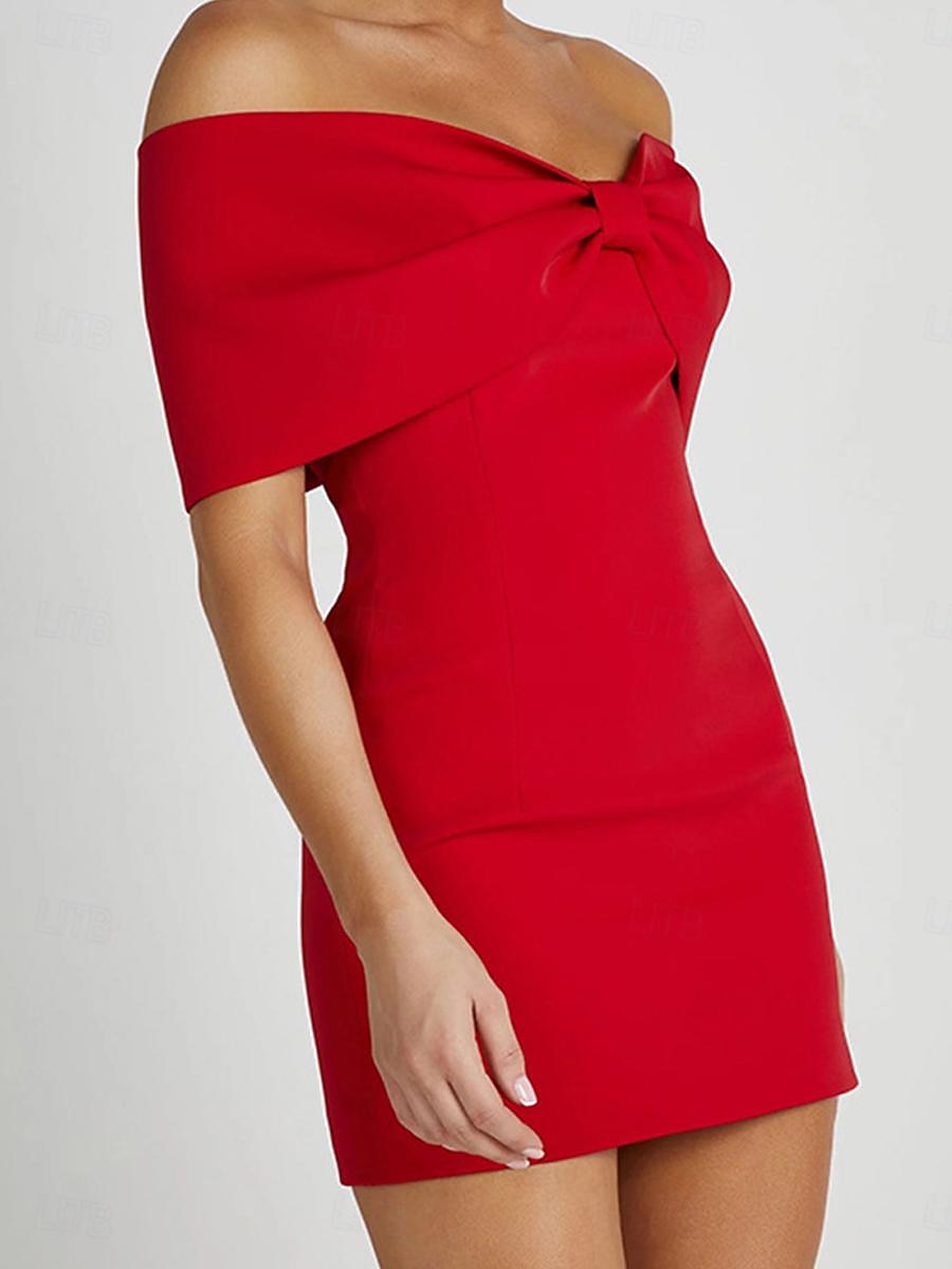 Damen Etuikleid Minikleid Rückenfrei Schleife Hochzeit Party Elegant Ausgefallene Schulterfrei Kurzarm Schwarz Weiß Rote Farbe 2025 - $46.99 –P4