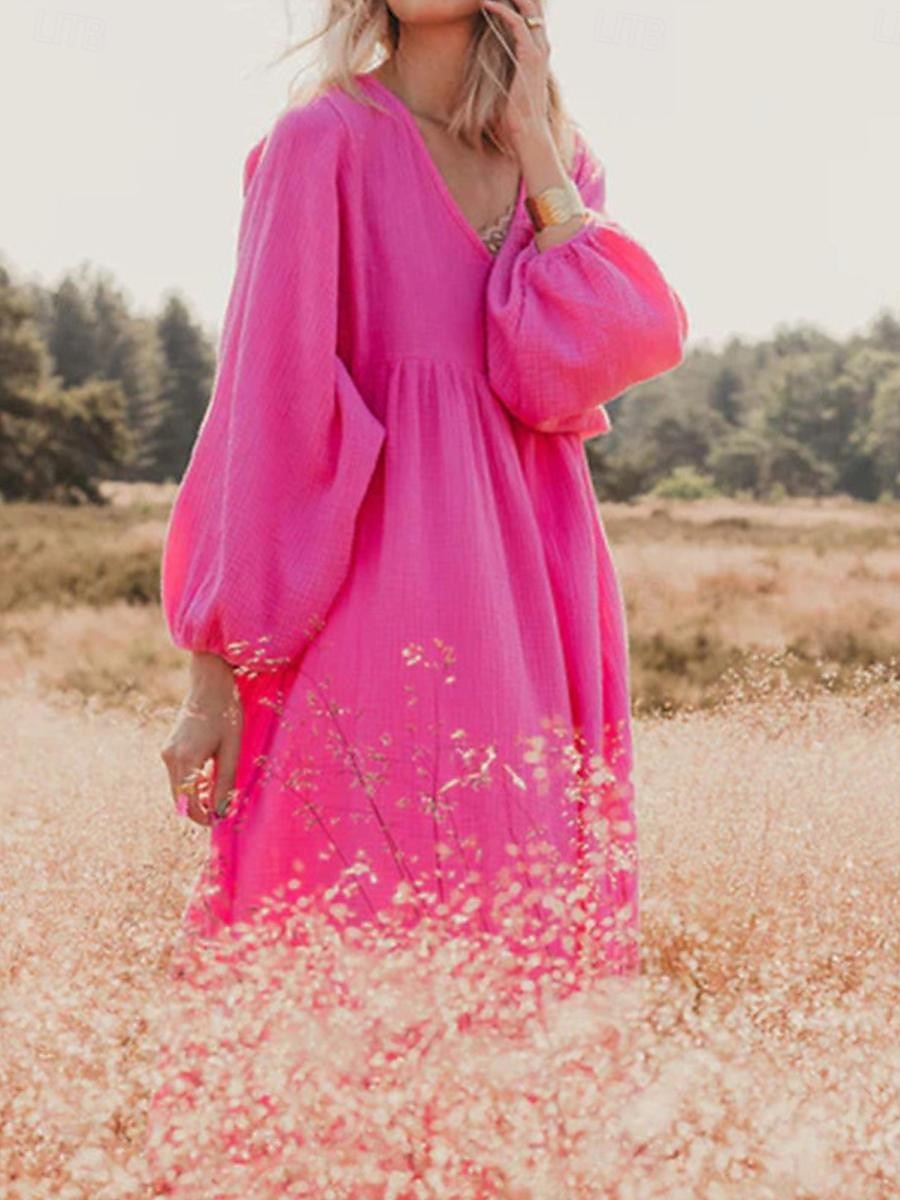 Women's Pink Orange Rose Red Summer Spring Maxi Dress Linen-Inspired Dresses Casual Dress Basic Modern Daily Weekend Loose Fit Plain V Neck 2025 - $32.99 –P17