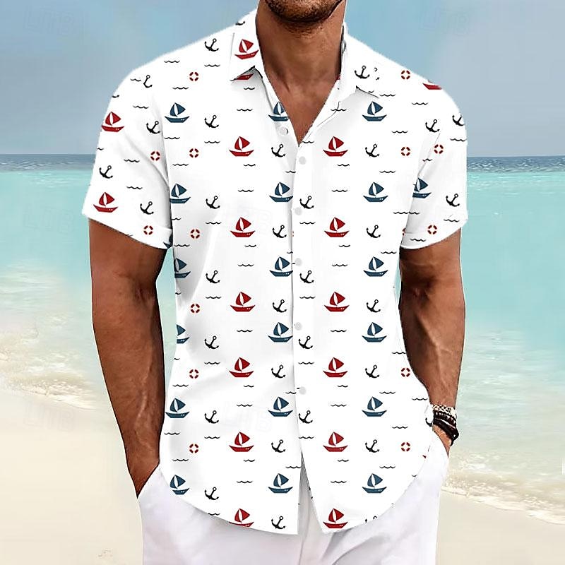 Men's Sailboat Shirt Summer Hawaiian Shirt Aloha Shirt Short Sleeve Shirt Turndown Vacation Hawaiian Outdoor Vacation Hawaiian White Blue Green S M L 2025 - $24.99 –P10