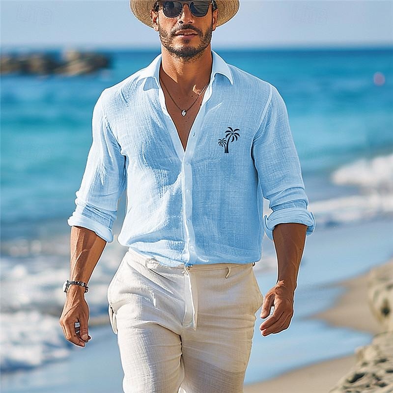 Voor heren linnen overhemd Strand hemd Grafisch overhemd Palmboom Vakantie Curise Wit blauw Lange mouw Strijkijzer Lente zomer Kleding Afdrukken 2025 - $25.99 –P15