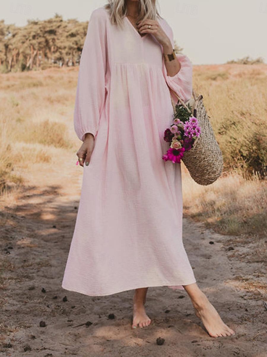 Women's Pink Orange Rose Red Summer Spring Maxi Dress Linen-Inspired Dresses Casual Dress Basic Modern Daily Weekend Loose Fit Plain V Neck 2025 - $32.99 –P8