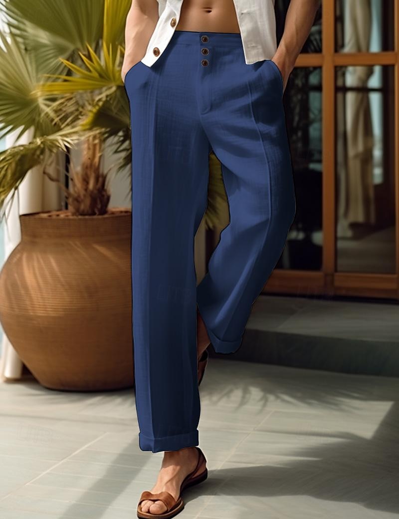 40 % Leinen Herren Leinenhosen Hose Sommerhose Tasche Knöpfe Gerader Schnitt Einfach Bequem Atmungsaktiv Urlaub Büro / Karriere Täglich Klassisch Lässig Schwarz Weiß 2025 - $31.99 –P3