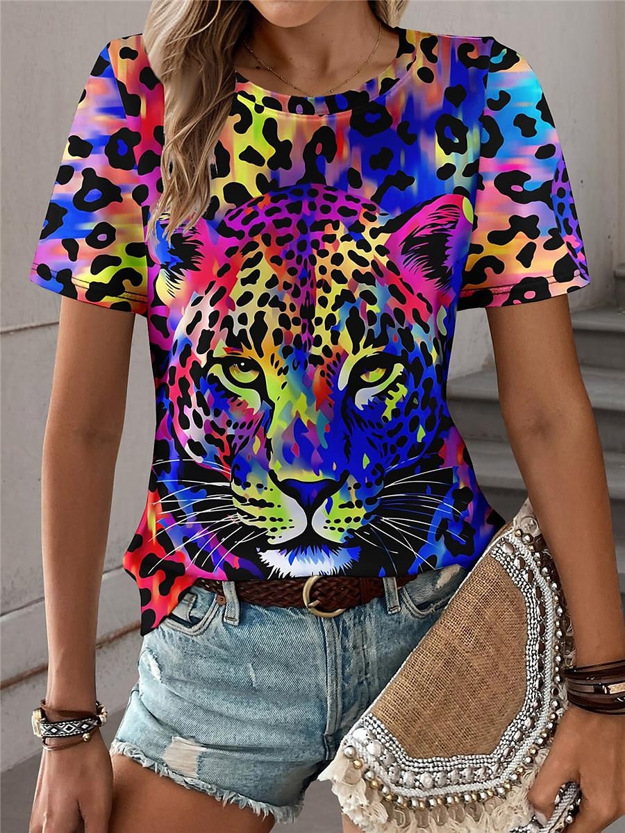 Femme T shirt Léopard Mode Manche Courte Col Ras du Cou Hauts réguliers du quotidien Fin de semaine Imprimer Bleu Violet Fuchsia Vert Gris Eté de 2025 ? $19.99 –P9