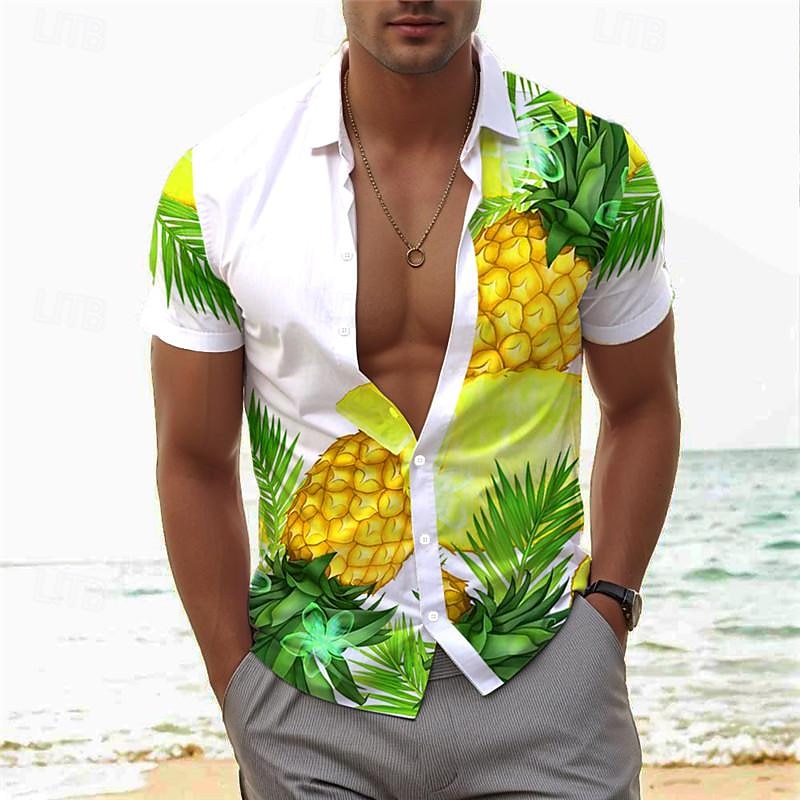 Herre Ananas Tropisk Skjorte Hawaii skjorte Aloha skjorte Kortermet Skjorte Aftæpning Ferie Hawaiisk utendørs Feriereise Hawaiisk Blå Mørkegrønn Oransje S M L 2025 - $24.99 –P4
