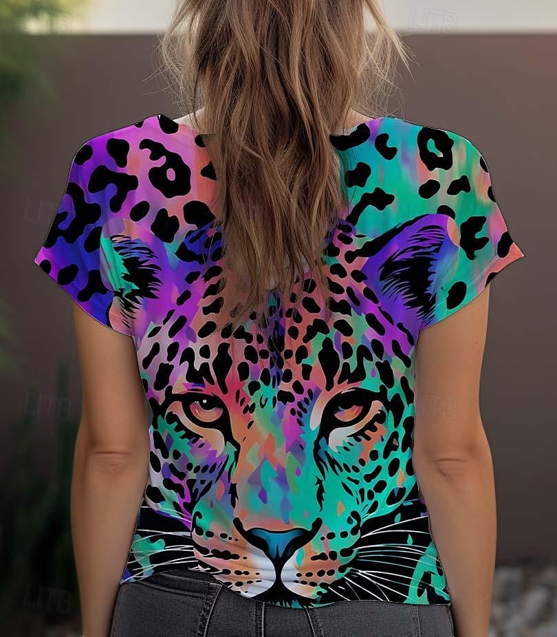 Femme T shirt Léopard Mode Manche Courte Col Ras du Cou Hauts réguliers du quotidien Fin de semaine Imprimer Bleu Violet Fuchsia Vert Gris Eté de 2025 ? $19.99 –P12