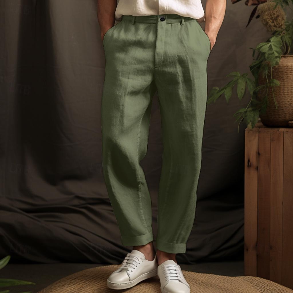 40% Linen Men's Linen Pants Trousers Summer Pants Button Up Pocket Plain Breathable Comfortable Office / Career Daily Vacation Classic Casual Black White 2026 - $33.99 –P3