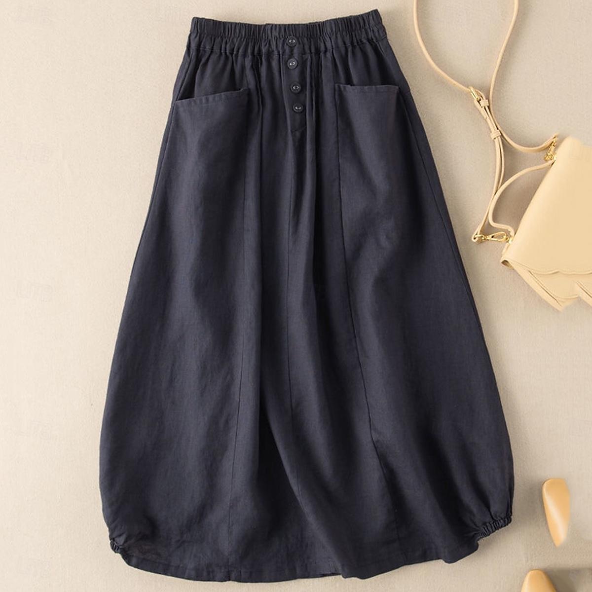 Women's Skirt A Line Basic Casual Midi High Waist Skirts Solid Colored Pocket Casual Daily Weekend Black Army Green Navy Blue Khaki Summer Cotton And Linen 2025 - $36.99 –P14