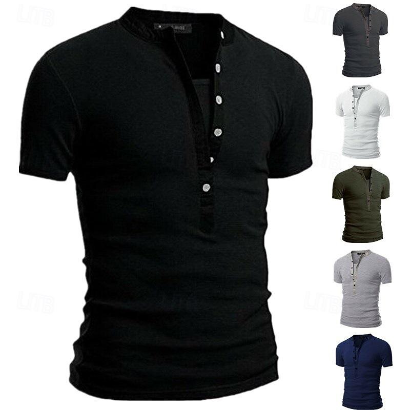 Men's Button T Shirt T Shirt Henley Shirt Tee Short Sleeve V Neck Spring & Summer Plain Fashion Designer Basic Vacation Street Going out Black White Navy Blue Top Tee for Men 2025 - $22.99 –P1