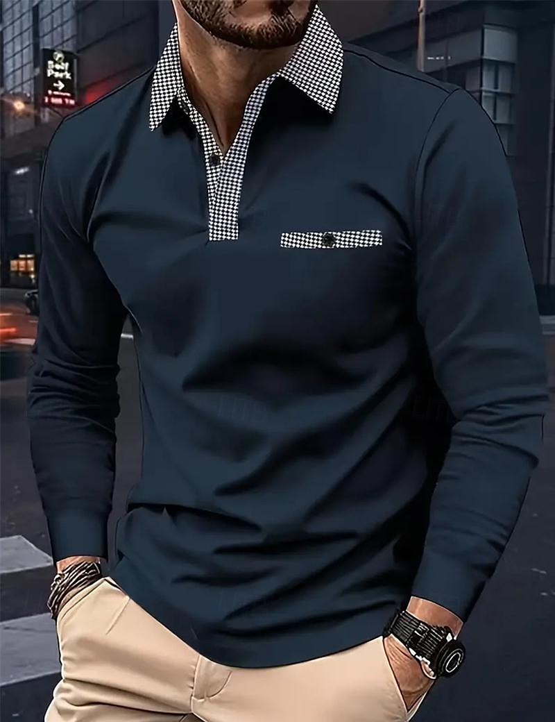 Men's Polo Shirt Golf Shirt Casual Sports Lapel Long Sleeve Fashion Basic Color Block Houndstooth Patchwork Button Spring & Fall Regular Fit White Red Navy Blue Khaki Light Blue Polo Shirt 2025 - $15.49 –P3