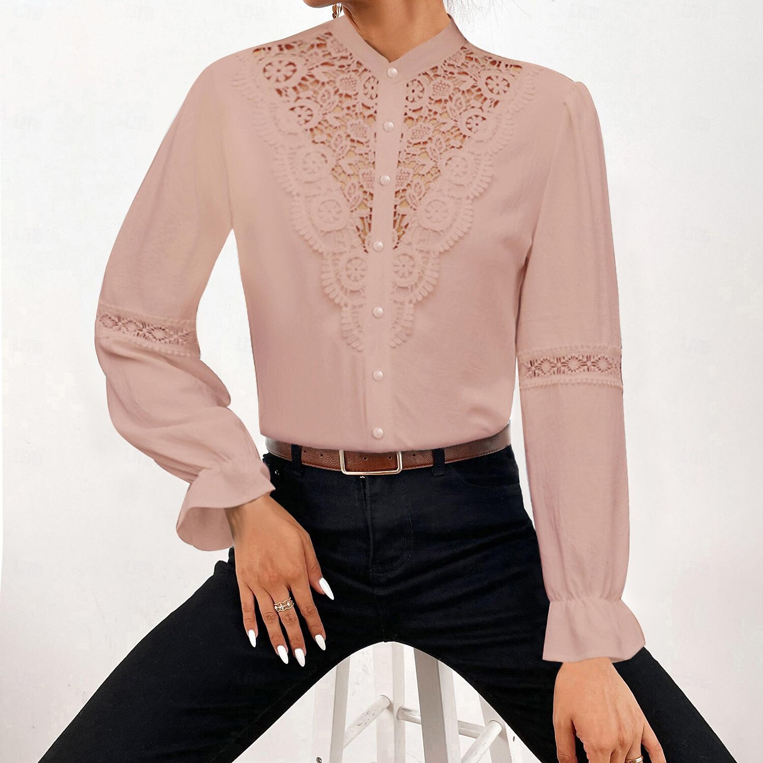 Hemd Spitzenhemd Bluse Weißes Spitzenhemd Damen Schwarz Weiß Rosa Feste Farbe Spitze Taste Strasse Täglich Modisch Stehkragen S 2025 - $29.99 –P12