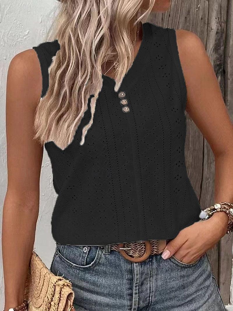 Top in canotta da donna senza maniche in pizzo occhiello scollatura a V estate casual bianco con dettagli a bottoni tessuto morbido abbigliamento quotidiano versatile taglie disponibili del 2025 a $22.99 –P2