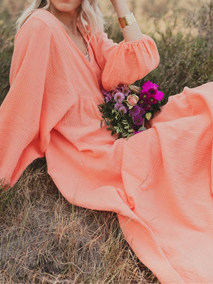 Women's Pink Orange Rose Red Summer Spring Maxi Dress Linen-Inspired Dresses Casual Dress Basic Modern Daily Weekend Loose Fit Plain V Neck 2025 - $32.99 –P1