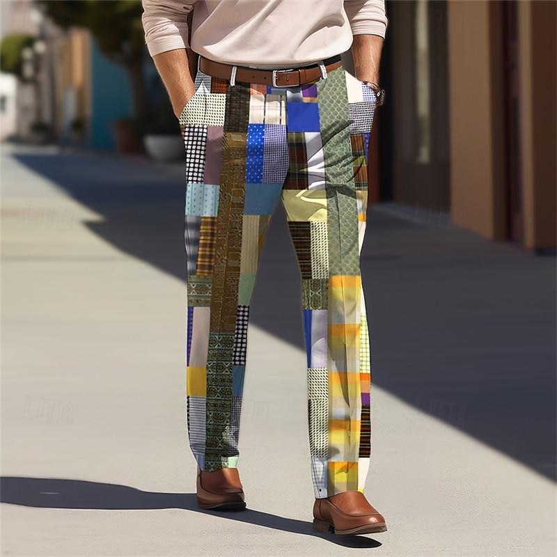 geometria a blocchi di colore business casual da uomo pantaloni eleganti stampati in 3D davanti piatto gamba dritta pantaloni estivi in poliestere vestibilità comoda abbigliamento da strada del 2026 a $31.99 –P1