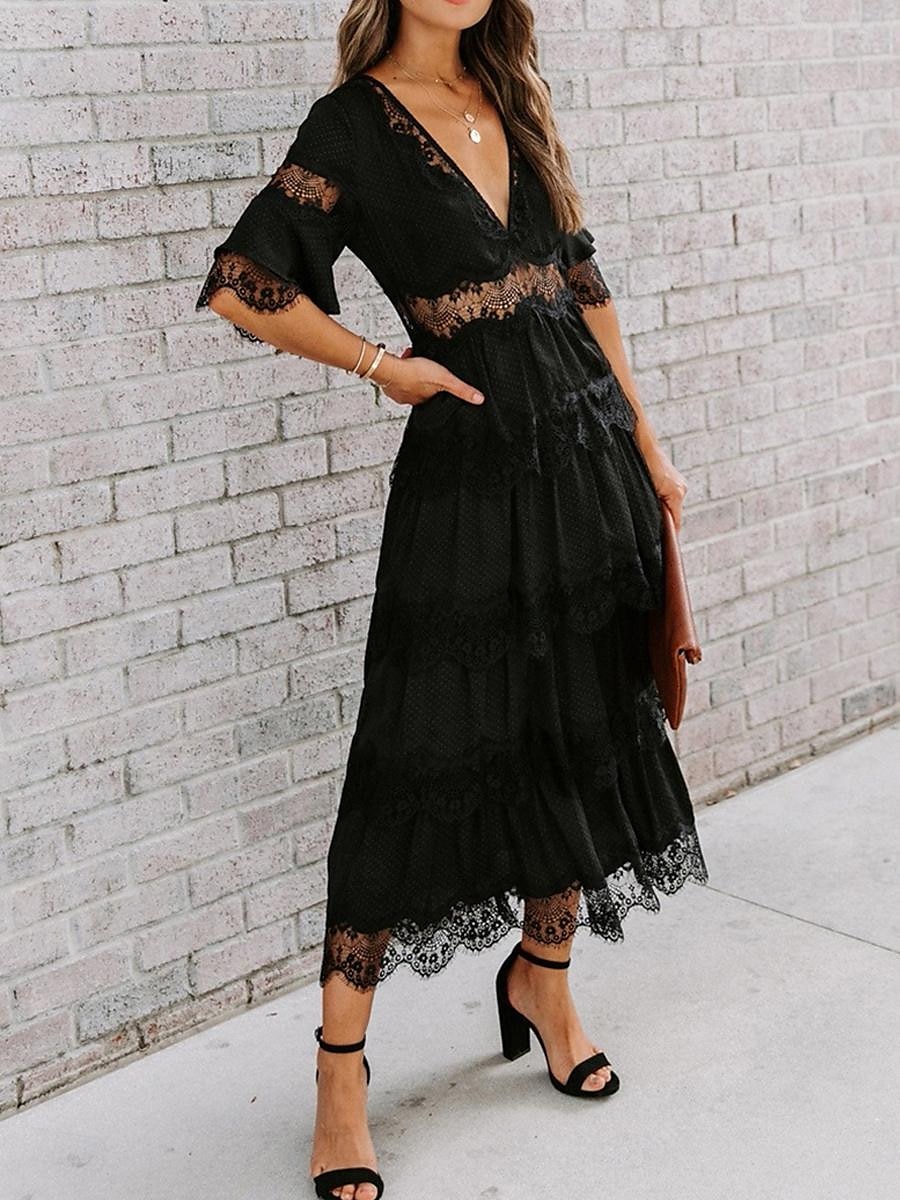 Women's White Dress Long Dress Maxi Dress Lace with Sleeve Wedding Date Vacation Elegant Bohemia V Neck Half Sleeve Black Pink Color 2025 - $63.99 –P8