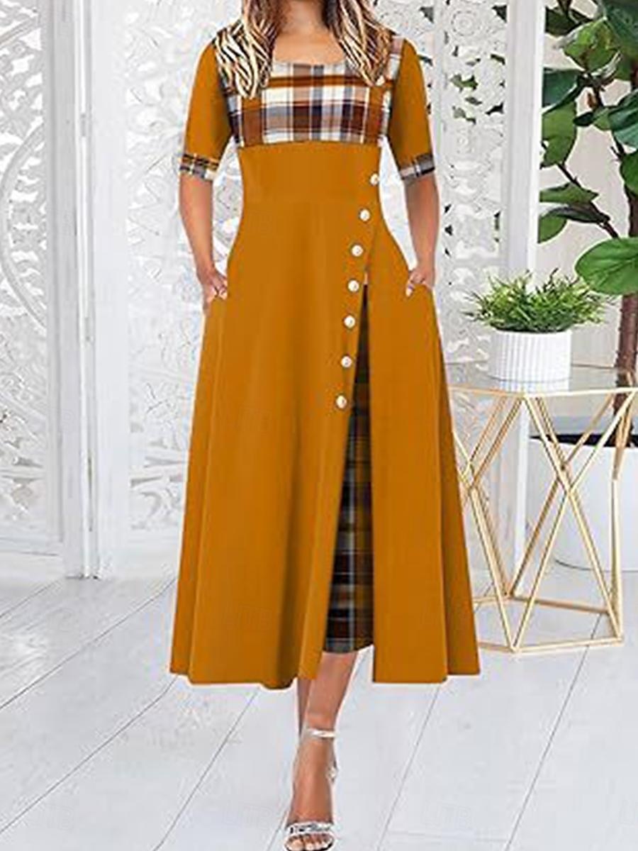 Women's Midi Dress Elegant Dress Elegant Stylish Vacation Party Regular Fit Plaid Short Sleeve Crew Neck Black Yellow Wine Purple Summer Spring 2025 - $41.99 –P2