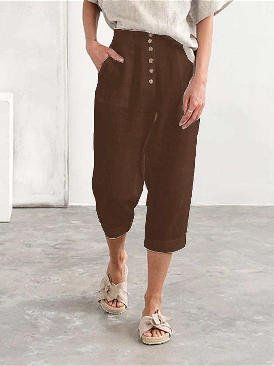 Women's Cotton Linen Pants Fashion Basic Comfort Pure Color Pocket Elastic Waist Breathable Micro-elastic Street Daily Black White Navy Blue Brown Summer 2025 - $21.99 –P14