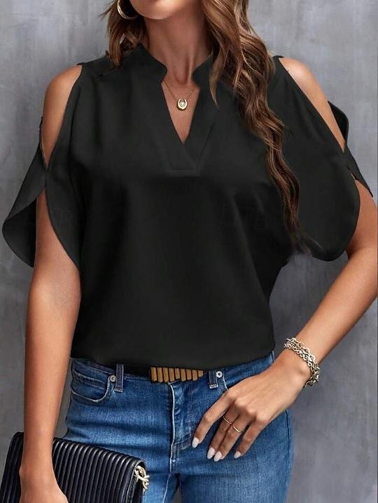 Chemise Chemisier Femme Noir Blanche Jaune Couleur unie Découpé Plein Air du quotidien Mode Col V S de 2025 ? $26.99 –P7