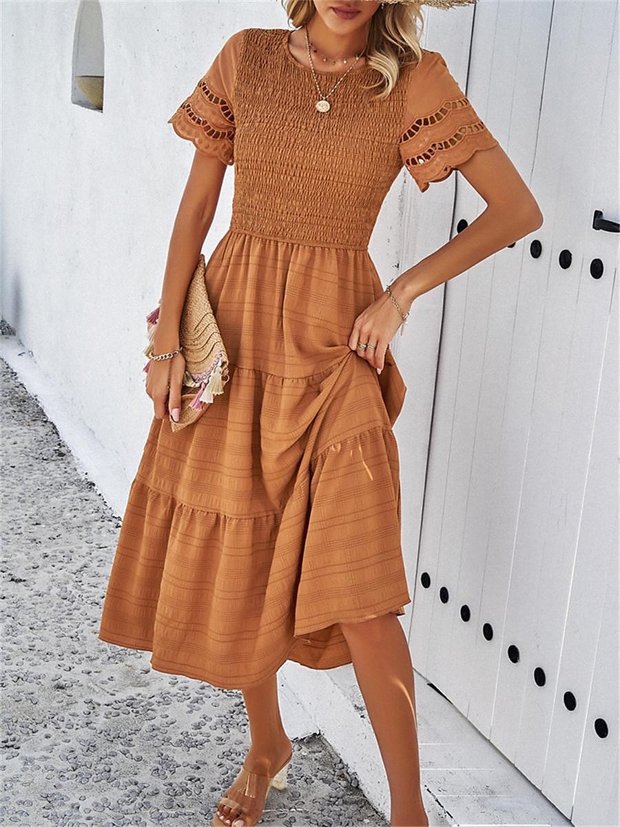 Mulheres Vestido branco Vestido midi Com Transparência Patchwork Encontro Férias Roupa de rua Básico Gola Redonda Manga Curta Preto Branco Marron Cor de 2025 por $52.99 –P7