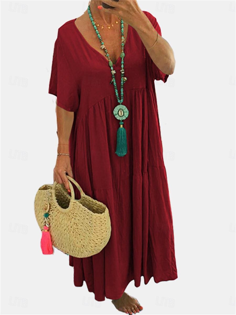 Mujer Vino Azul Marino Naranja Verano Primavera Vestido maxi Vestidos de lino y algodón Vestido informal Vestido de verano de algodón Básico Moderno Diario Fin de semana Holgado Plano Escote en Pico 2025 - $26.99 –P1