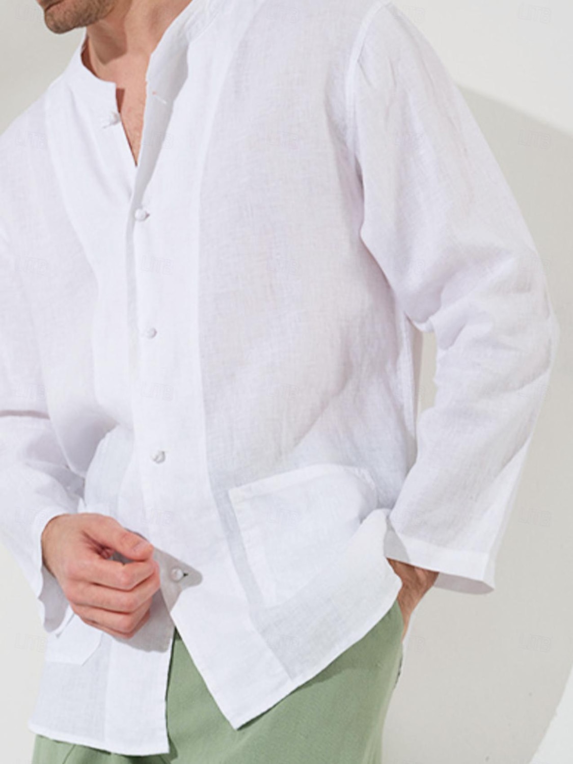 100% lino Tasche Per uomo camicia di lino Camicia Camicia da spiaggia Nero Bianco Blu marino scuro Manica lunga Liscio Colletto Mao Primavera & Autunno Esterno Giornaliero Abbigliamento del 2026 a $53.99 –P6