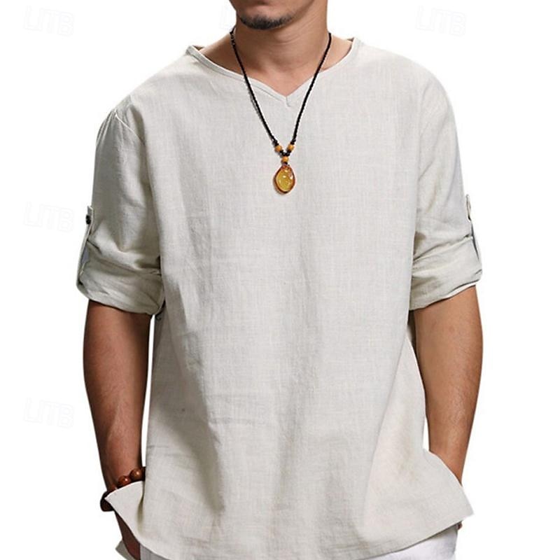 Men's Shirt Summer Shirt Casual Shirt Beach Shirt Black Navy Blue khaki Beige Light Blue Long Sleeve Plain V Neck Holiday Vacation Clothing Apparel Fashion Casual Comfortable 2025 - $17.49 –P7