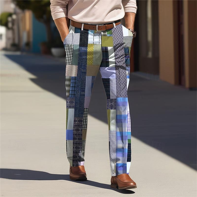 geometria a blocchi di colore business casual da uomo pantaloni eleganti stampati in 3D davanti piatto gamba dritta pantaloni estivi in poliestere vestibilità comoda abbigliamento da strada del 2026 a $31.99 –P3