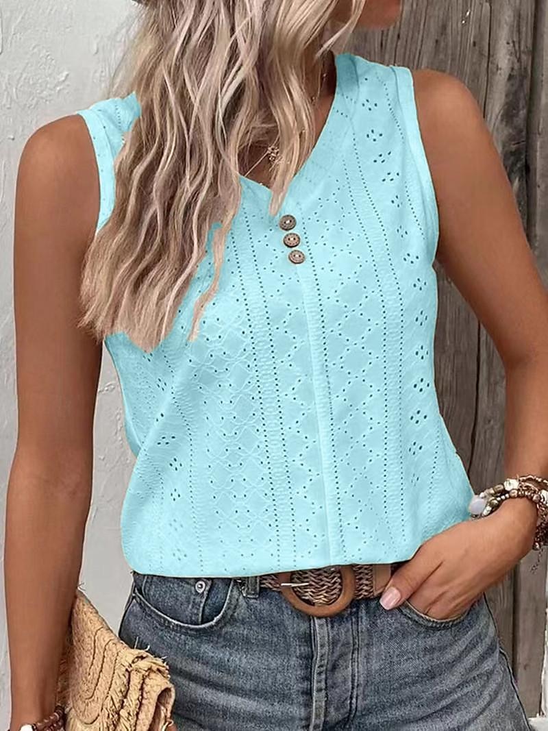 Top in canotta da donna senza maniche in pizzo occhiello scollatura a V estate casual bianco con dettagli a bottoni tessuto morbido abbigliamento quotidiano versatile taglie disponibili del 2025 a $22.99 –P6