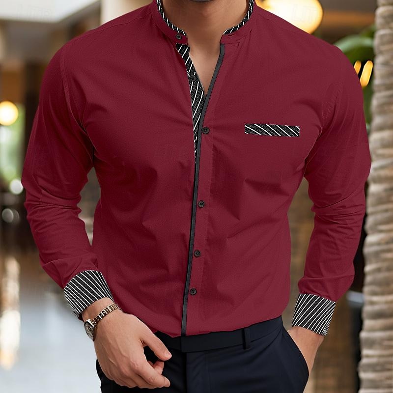 Herr Skjorta Bandkrageskjorta Sommarskjorta Knapp upp skjorta Casual skjorta Vit Vinröd Blå Långärmad Rand Hög krage Dagligen Semester Splitsa Kläder Bomull Bomullsblandning Mode Ledigt Smart Casual 2025 - $25.99 –P5