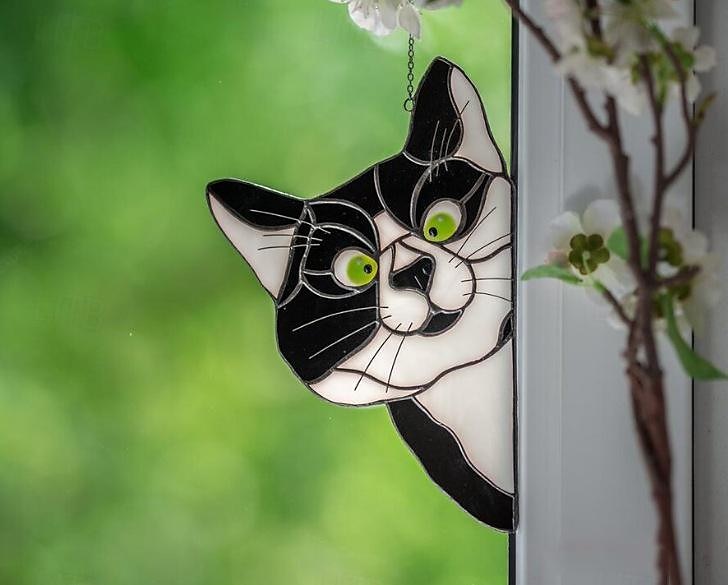 tentures de fenêtre de chat, attrape-soleil de chat en verre teinté fait à la main, cintre de fenêtre de chat mignon en vitrail furtivement attrape-soleil chat acrylique vitrail cintre de fenêtre de chat pour les amoureux des chats de 2025 ? $9.49 –P2