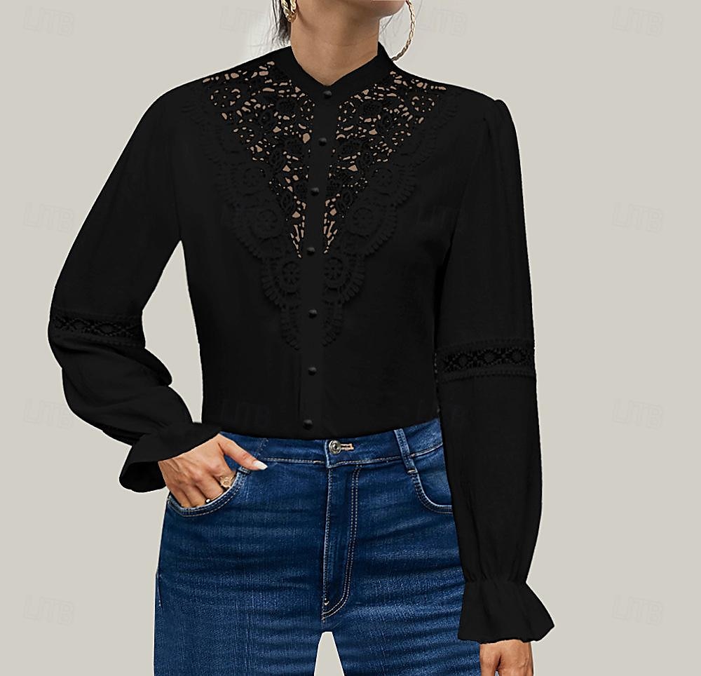 Hemd Spitzenhemd Bluse Weißes Spitzenhemd Damen Schwarz Weiß Rosa Feste Farbe Spitze Taste Strasse Täglich Modisch Stehkragen S 2025 - $29.99 –P6