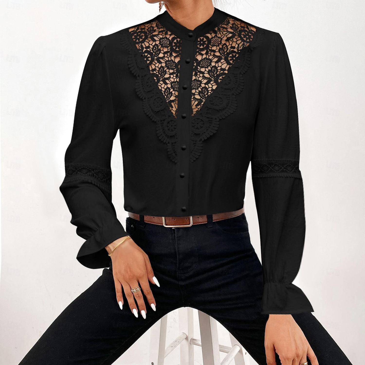 Hemd Spitzenhemd Bluse Weißes Spitzenhemd Damen Schwarz Weiß Rosa Feste Farbe Spitze Taste Strasse Täglich Modisch Stehkragen S 2025 - $29.99 –P8