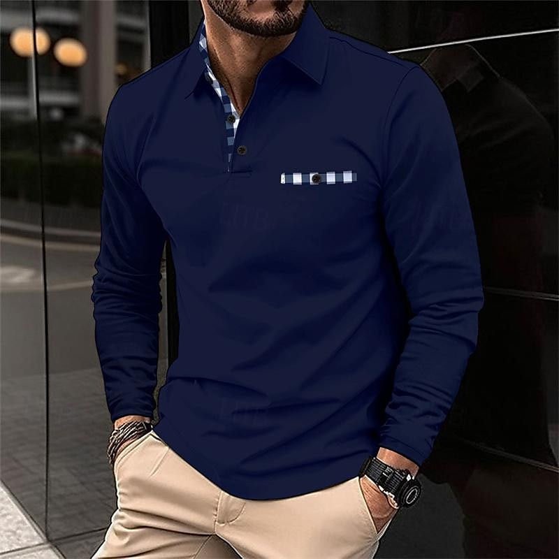 Herren Poloshirt Golfhemd Arbeit Casual Kargen Langarm Basic Modern Plaid Farbblock Patchwork Taste Frühling & Herbst Regular Fit Schwarz Weiß Marineblau Grau Poloshirt 2025 - $18.99 –P3