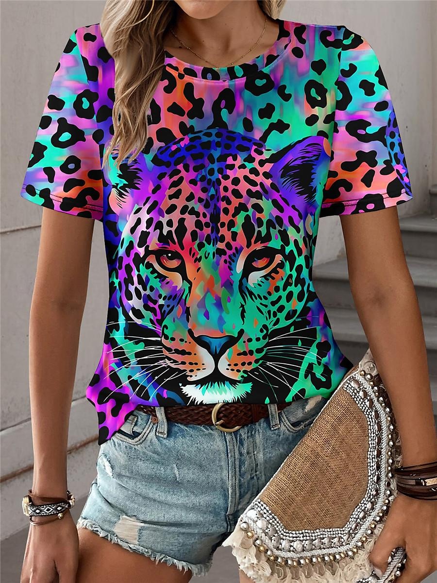 Femme T shirt Léopard Mode Manche Courte Col Ras du Cou Hauts réguliers du quotidien Fin de semaine Imprimer Bleu Violet Fuchsia Vert Gris Eté de 2025 ? $19.99 –P11