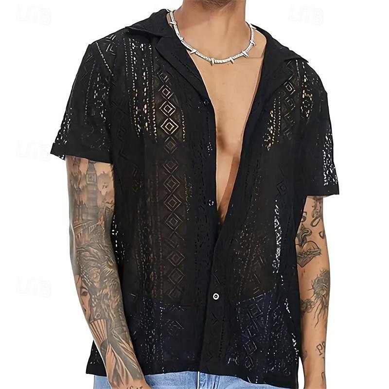 Men's Summer Shirt Casual Shirt Button Up Shirt Black White Short Sleeve Plain Argyle Camp Collar Vacation Holiday Lace Clothing Apparel Polyester Fashion Casual Comfortable 2026 - $21.99 –P6
