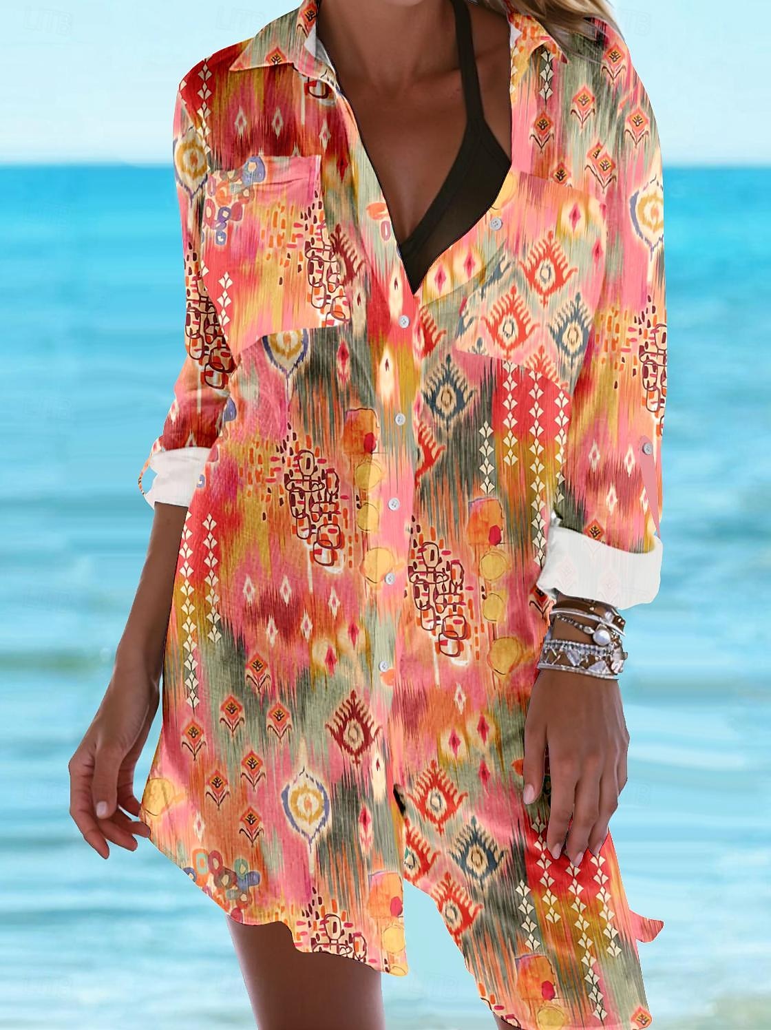 Damen Mini Kleid Hemd Kleid Strandbekleidung Tribal Print Hemd Übergroß Langarm Rollkragen Hoch-Tief Saum Lässig Leicht Frühjahr Sommer Tragen 2025 - $46.99 –P1