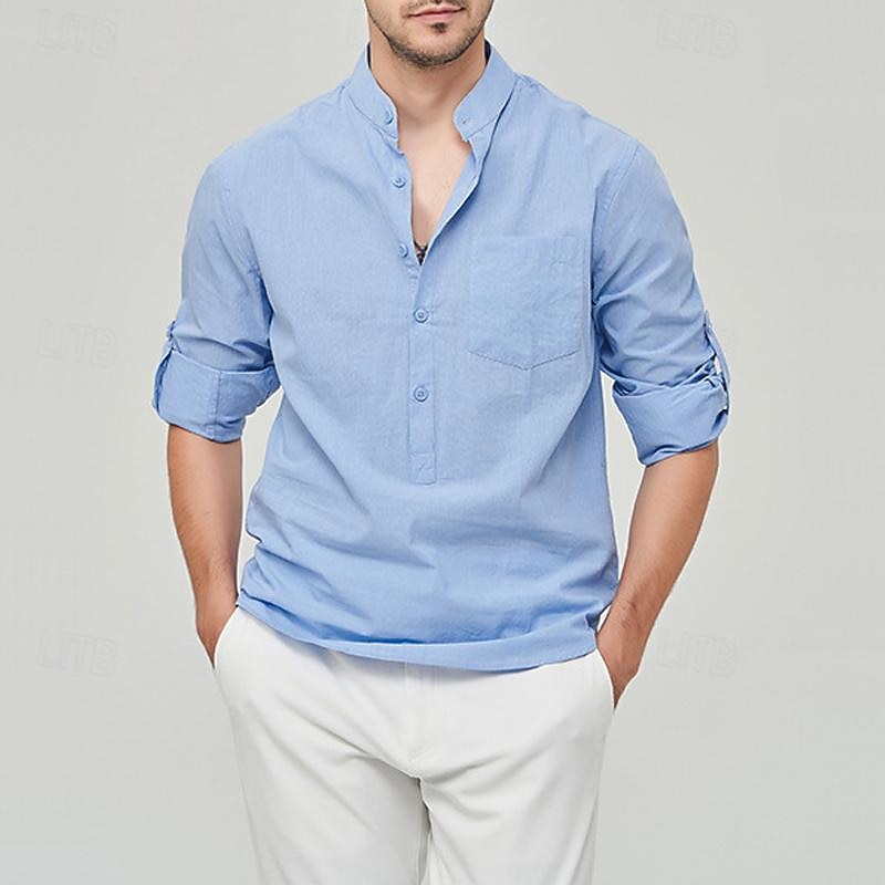 Men's Shirt Linen Shirt Chinese Collar Shirt Mandarin Collar Shirt Summer Shirt Beach Shirt Plain Vacation Street Black White Yellow Pink Long Sleeve Band Collar Summer Clothing Apparel Front Pocket 2025 - $32.99 –P11