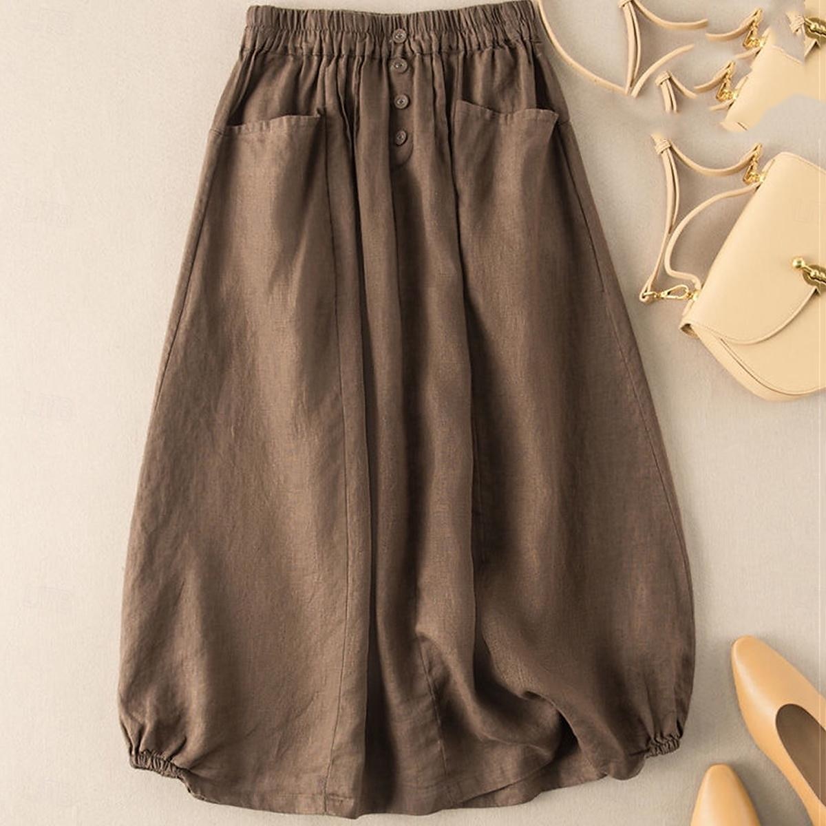 Women's Skirt A Line Basic Casual Midi High Waist Skirts Solid Colored Pocket Casual Daily Weekend Black Army Green Navy Blue Khaki Summer Cotton And Linen 2025 - $36.99 –P4