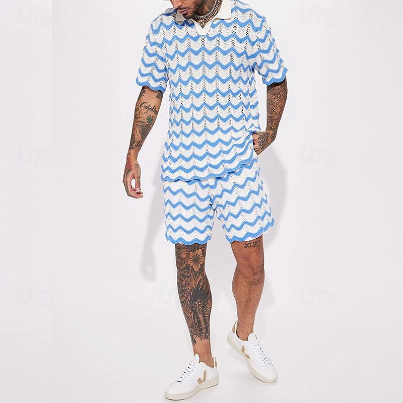 Men's Matching Sets Black T shirt Tee Beach Outfit Tee Top Sweat Shorts Shorts Beach Shorts Sets Short Sleeve Lapel Vacation Going out Lines / Waves 2 Piece Knitted Polyester Summer 2024 - $34.99 –P6