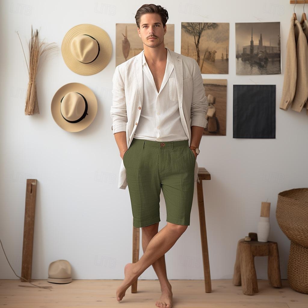 40% Linen Men's Shorts Linen Shorts Summer Shorts Button Up Pocket Plain Breathable Comfortable Short Daily Vacation Going out Classic Casual White Navy Blue 2025 - $25.99 –P4