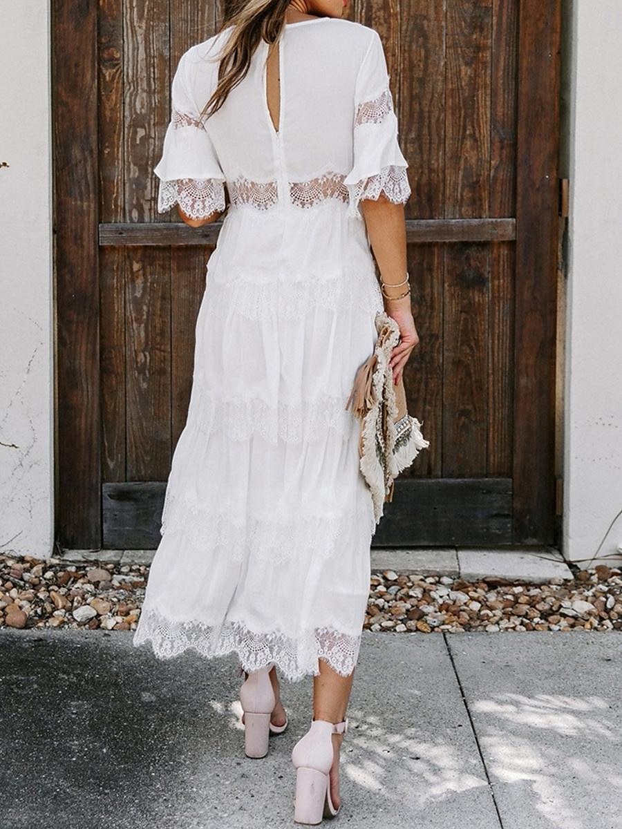 Women's White Dress Long Dress Maxi Dress Lace with Sleeve Wedding Date Vacation Elegant Bohemia V Neck Half Sleeve Black Pink Color 2025 - $63.99 –P4