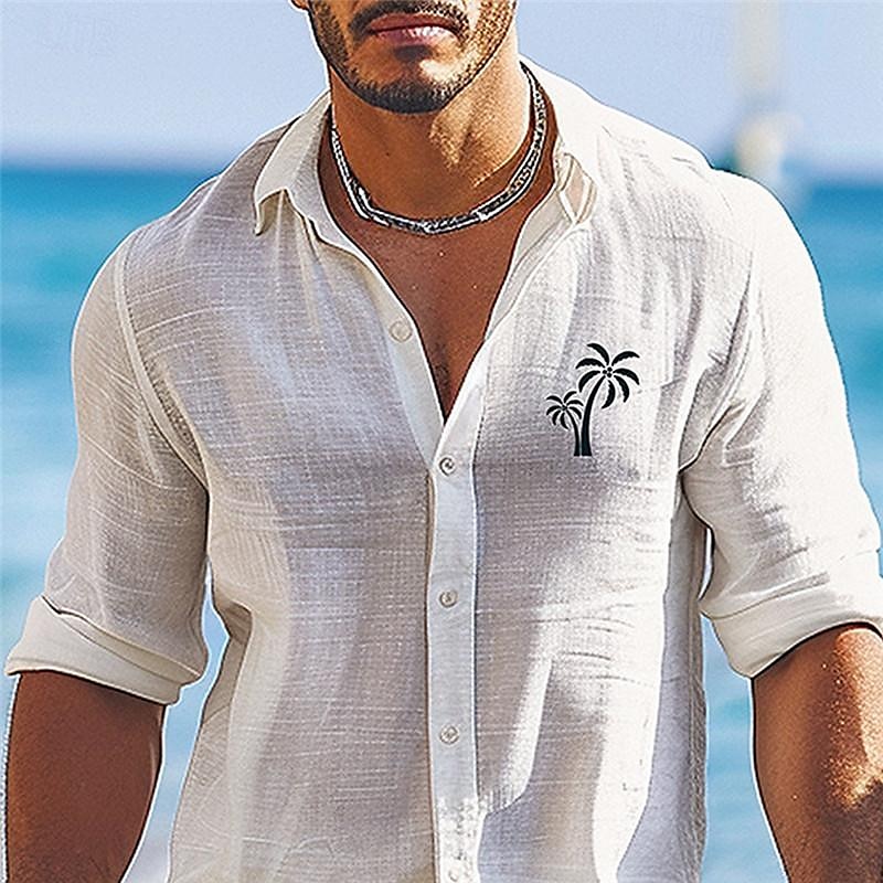 Voor heren linnen overhemd Strand hemd Grafisch overhemd Palmboom Vakantie Curise Wit blauw Lange mouw Strijkijzer Lente zomer Kleding Afdrukken 2025 - $25.99 –P13