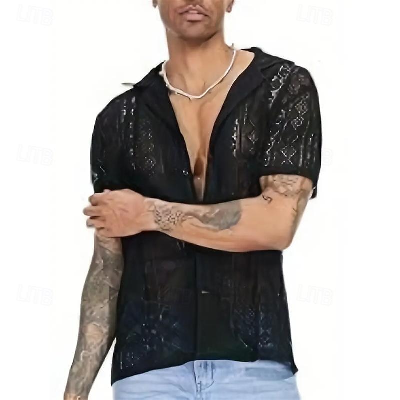 Men's Summer Shirt Casual Shirt Button Up Shirt Black White Short Sleeve Plain Argyle Camp Collar Vacation Holiday Lace Clothing Apparel Polyester Fashion Casual Comfortable 2026 - $21.99 –P8