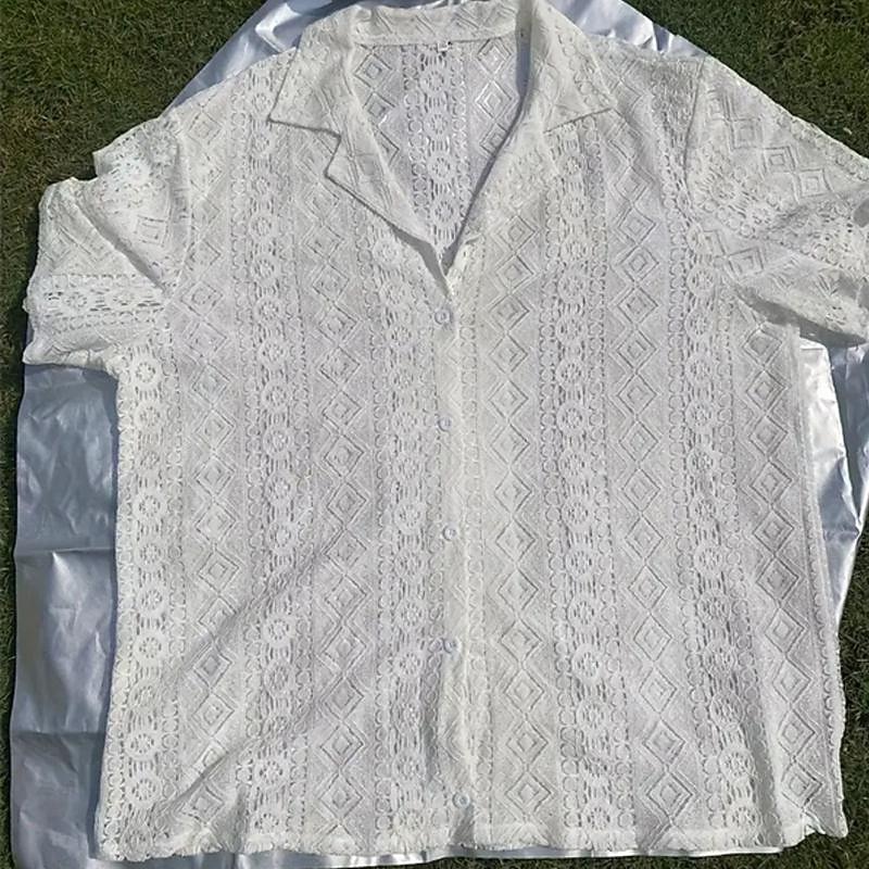 Men's Summer Shirt Casual Shirt Button Up Shirt Black White Short Sleeve Plain Argyle Camp Collar Vacation Holiday Lace Clothing Apparel Polyester Fashion Casual Comfortable 2026 - $21.99 –P5