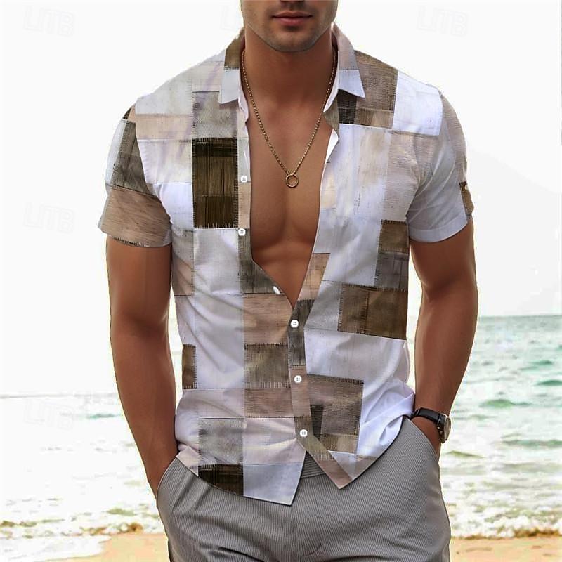 Voor heren Geruit Geometrisch patroon Overhemd Overhemd met knopen Korte mouw Vakantie Hawaii Buiten Feestdagen Zomer Alle seizoenen Strijkijzer Knop Afdrukken Blauw Bruin Groen Grijs 2025 - $24.99 –P10