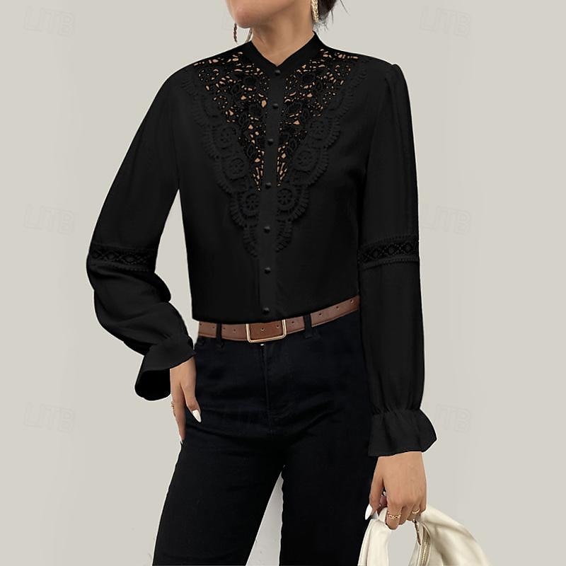 Hemd Spitzenhemd Bluse Weißes Spitzenhemd Damen Schwarz Weiß Rosa Feste Farbe Spitze Taste Strasse Täglich Modisch Stehkragen S 2025 - $29.99 –P7